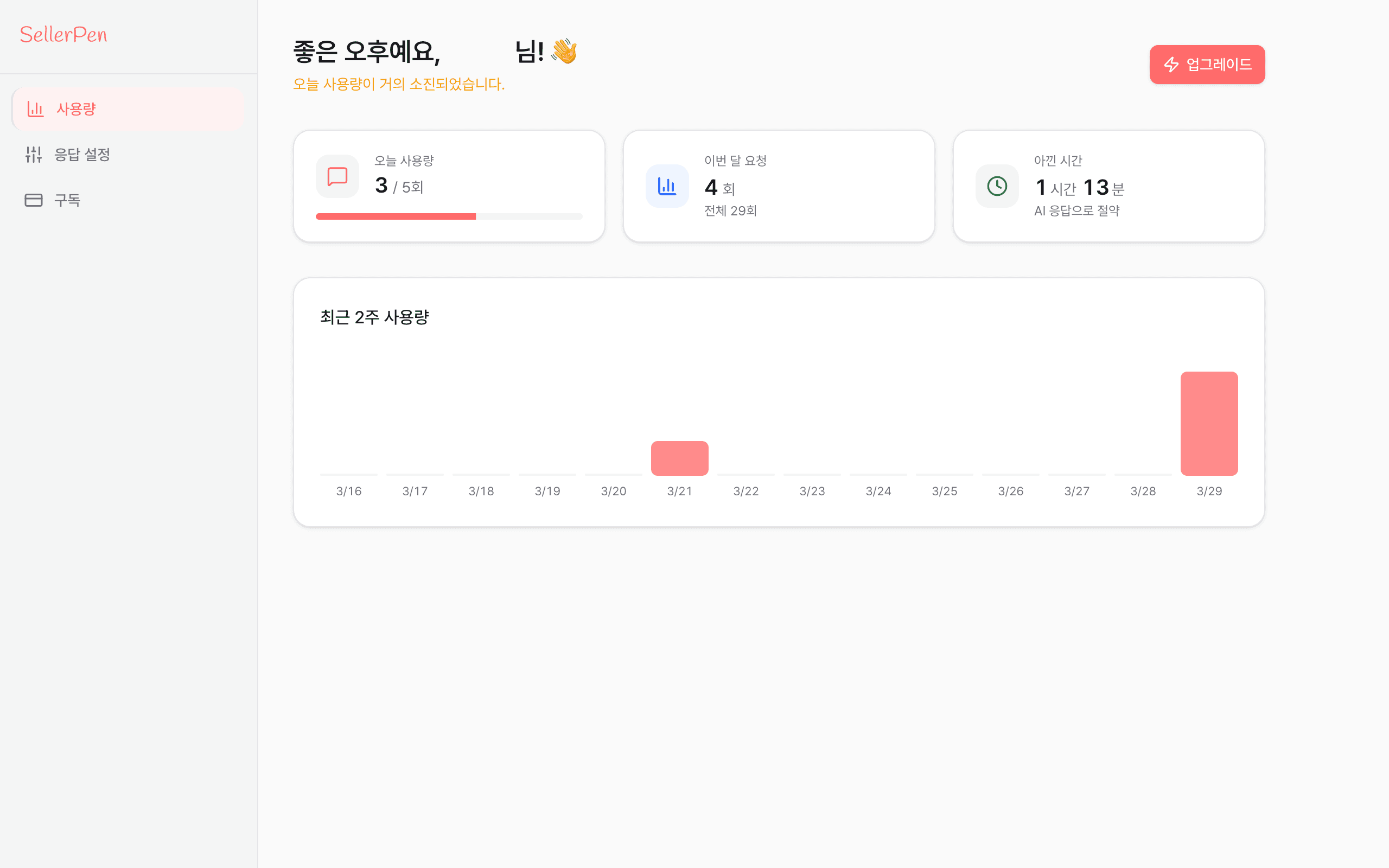 셀러펜 대시보드에서 오늘 사용량과 최근 2주 사용량이 보이는 화면